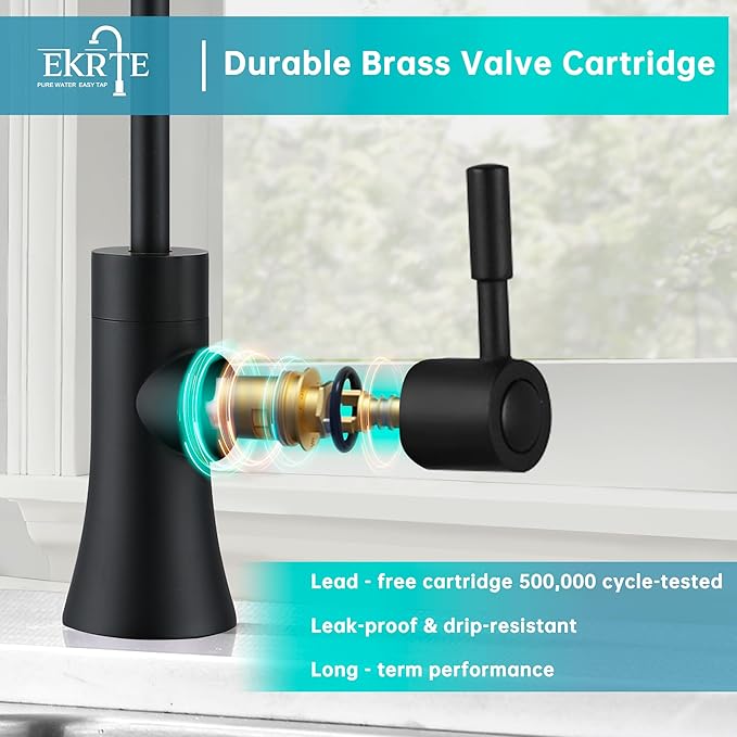 EKRTE Matte Black Drinking Water Faucet for Kitchen Sink, Stainless Steel Kitchen Water Filter Faucet,Commercial Water Filtration Faucet for Under Sink Water Filter System, RO Faucet in Matte Black