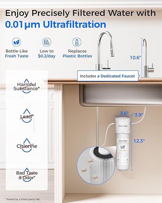 Waterdrop 10UBW-UF 0.01 μm Ultra Filtration Under Sink Water Filter System, Reduces Lead, Chlorine, Bad Taste & Odor, 1 Year, with Dedicated Brushed Nickel Faucet, USA Tech