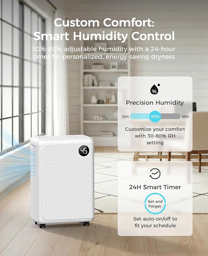32 Pint Dehumidifier for Basement, 2500 sq.ft Dehumidifiers for Home with Drain Hose, 3 Modes, Auto Defrost, 24H Timer, Quiet Smart Humidity Control for Large Room, Bedroom, Bathroom, RV