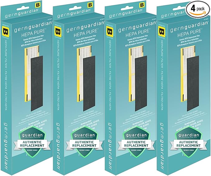 GermGuardian Filter B True HEPA Pure Genuine Air Purifier Filter, Removes 99.97% of Pollutants, Wildfire Smoke, Odors, for AC4825, AC4300, AC4900, AC4880, 4-Pack, Fresh Air for 2 Years, FLT48254PK