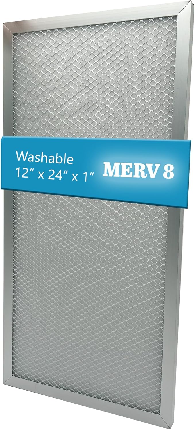 Washable Electrostatic Furnace Air Filter, MERV 8, (12" x 24" x 1") Aluminum Reusable Filter for Furnace, Central AC, and HVAC System