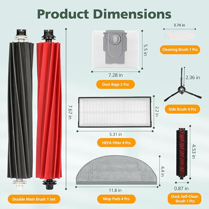isinlive Accessories Kit Compatible with Roborock S8 Pro Ultra Robot Vacuum Cleaner, 1 Set Main Brush, 1 Rolling Brush, 4 HEPA Filters, 4 Side Brushes, 4 Mop Cloth Pads, 2 Dust Bags, 1 Cleaning Tool