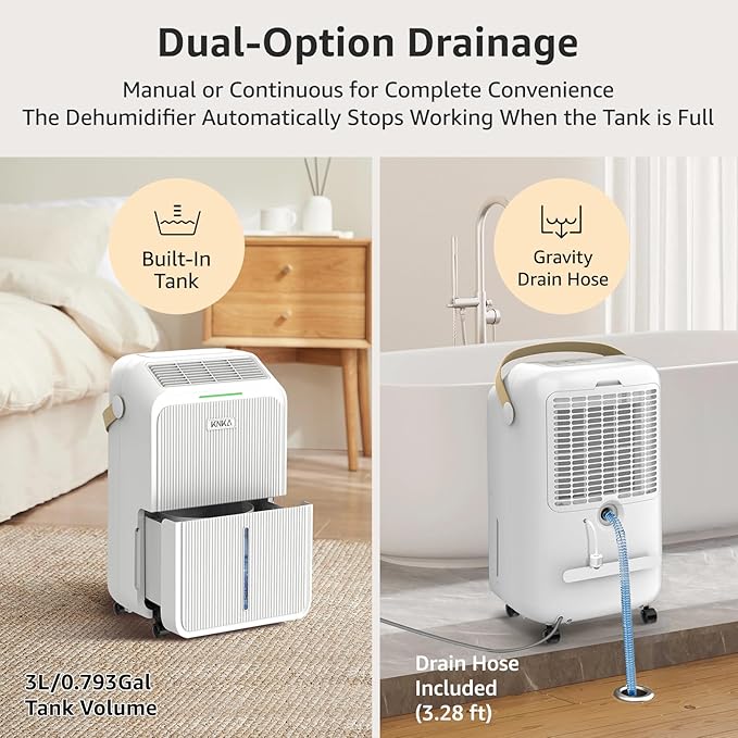 KNKA 2500 Sq.Ft Dehumidifier for Basement with Drain Hose Max 34 Pints, Dehumidifiers for Home, Bedroom, Bathroom, Large Room, Three Modes, Intelligent Humidity Control, Dry Clothes, 24HR Timer