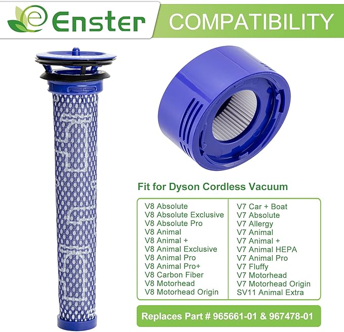 Replacement Filter for Dyson V7 V8 Animal Absolute Motorhead Carbon Fiber V8+ V7 Absolute V7 Animal Pro Plus Vacuum 1 Pre Filters & 1 Post Filters for Dyson V8 Compare to Part # 965661-01 & 967478-01