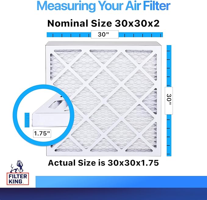 Filter King 30x30x2 Air Filter (MERV 8) (4-Pack) Dust & Allergy Control AC Furnace Filters, MADE IN USA, HVAC, Pleated, Electrostatic (Actual Size: 30 x 30 x 1.75)