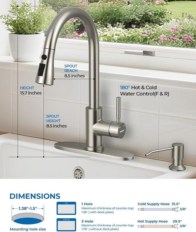 WEWE Kitchen Faucet with Soap Dispenser and Pull Down Sprayer, RV Single Handle Classic 3 Modes Stainless Steel Faucet for Kitchen Sink, RV, Stainless Steel