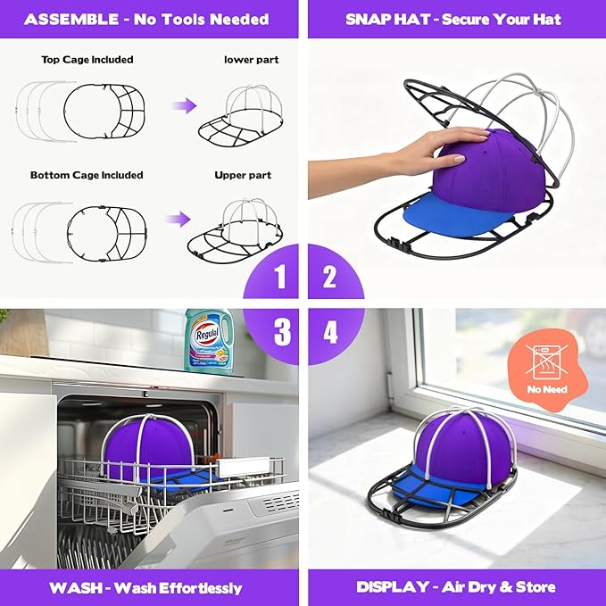 Hat Washer Cage for Washing Machine – Baseball Cap Cleaner Rack for Washer & Dishwasher, Structured Cap Shaper & Protector for Hats – 1 Pack (Assembly Required)
