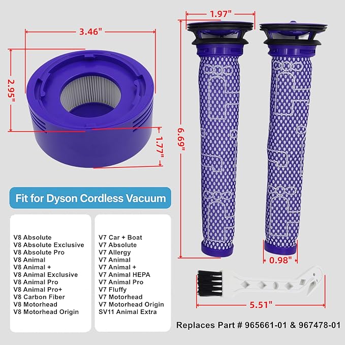 4-Pack Vacuum Filter Kit Replacement for Dyson V7 V8, V8 Animal, V8 Absolute, V7 Motorhead Cordless Vacuum, Includes 2 HEPA Post-Filters & 2 Pre-Filters, Replaces Part #967478-01 & #965661-01