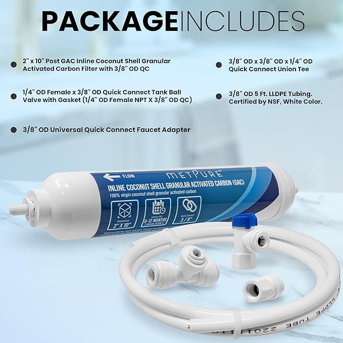 Metpure GAC Inline Filter Conversion 1/4" to 3/8” Big Flow Kit. Increase & Double Water Filtration Faucet Flow Rate of RO Reverse Osmosis System. Complete Kit with Filter, Tubing, and Quick Connectors