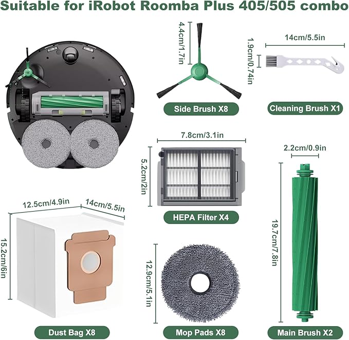31 Pcs Replacement Parts Kit Compatible with Roomba 405 505 Combo Series, Includes 2 Main Brushes, 4 Filters, 8 Side Brushes, 8 Vacuum Bags, 8 Mop Pads