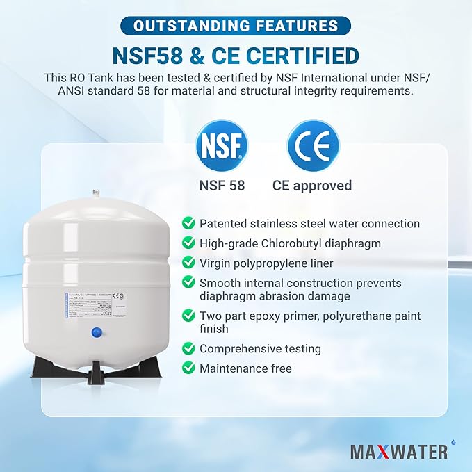 Max Water NSF Certified Heavy Duty 4.4 Gallon @100 PSI RO (Reverse Osmosis) Water Storage Tank, PA-E RO-132 + Valve