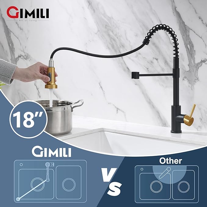 GIMILI Kitchen Faucet with Pull Down Sprayer Single Hole Stainless Steel Sink Faucet, Suitable for Farmhouses, RV, Laundry Room, Outdoor, and Campers. Llave para fregadero de cocina Black and Gold