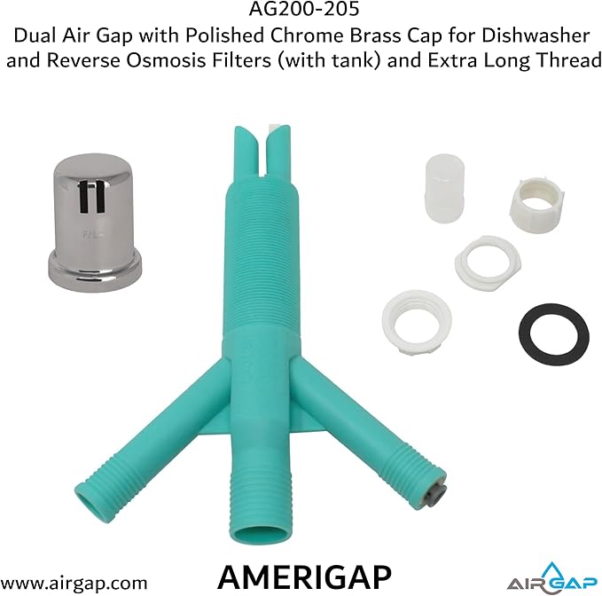 Dual Air Gap with Polished Chrome Brass Cap for Dishwasher and Reverse Osmosis Filters (with tank) and Extra Long Thread (AG200-205, AG200-X05, AMERIGAP)