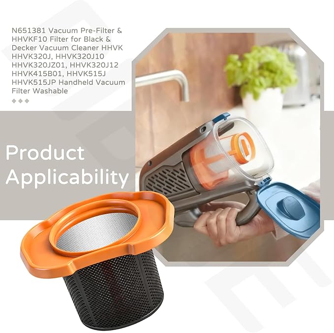 N651381 Vacuum Pre-Filter & HHVKF10 Filter for Black & Decker Vacuum Cleaner HHVK, HHVK320J, HHVK320J10, HHVK320JZ01, HHVK320J12, HHVK415B01, HHVK515J, HHVK515JP Handheld Vacuum Filter Washable