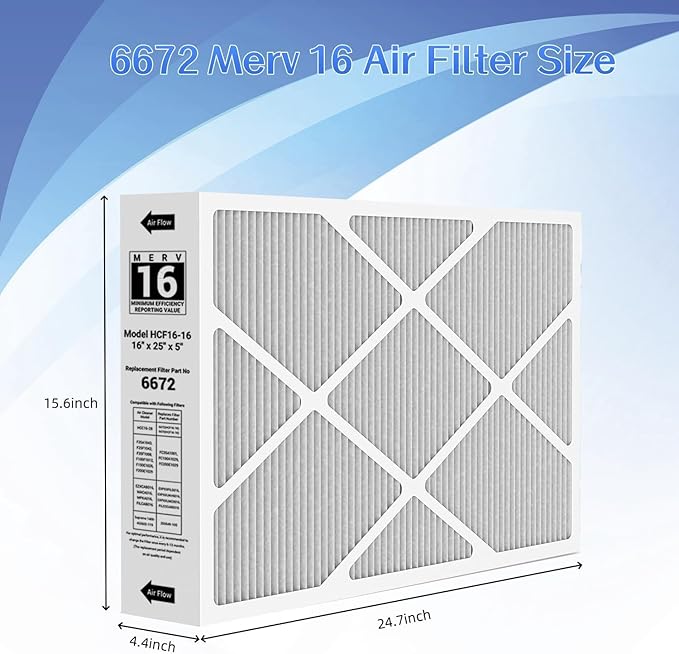 X6672 MERV 16 16x25x5 Furnace Filter Compatible with Lennox X6672 for Furnace HVAC System, Part #HCF16-16, 2 Pack