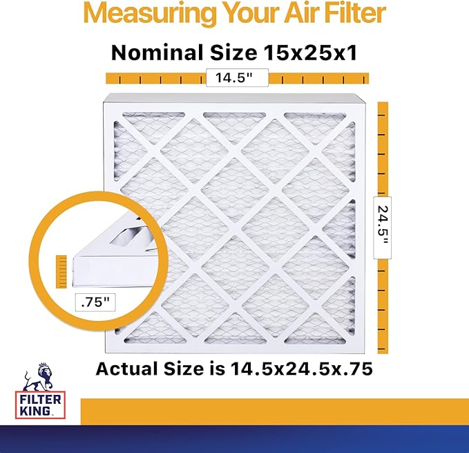 Filter King 15x25x1 Air Filter (MERV 13) (6-Pack) Dust & Allergy Control AC Furnace Filters, MADE IN USA, HVAC, Pleated, Electrostatic (Actual Size: 14.5 x 24.5 x .75)