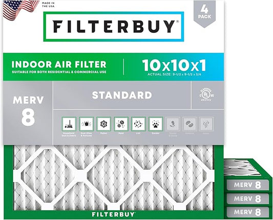 Filterbuy 10x10x1 Air Filter MERV 8 Essential Dust & Allergy Defense (4-Pack), Electrostatic Pleated HVAC AC Furnace Filters Replacement (Actual Size: 9.50 x 9.50 x 0.75)