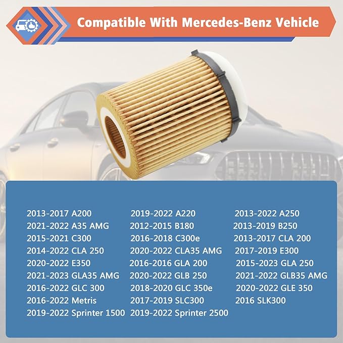2 Pcs Oil Filter Compatible With INFINITI Mercedes-Benz Vehicle 2012-2023 C300 CLA250 E300 GLA200 GLC300 Metris SLC300 Sprinter 1500 2500, 2017-2019 Q50 Q60 QX30, Replace#HU711/6Z, HU7116z, 2701800109