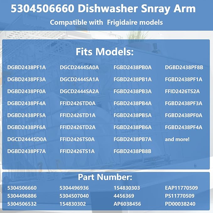 5304506660 Dishwasher Lower Spray Arm Replacement for Frigidaire AP6038456 154830302 154830303, with 5304518968 Spray Arm Support & 5304506518 Trap Drain Filter Assembly