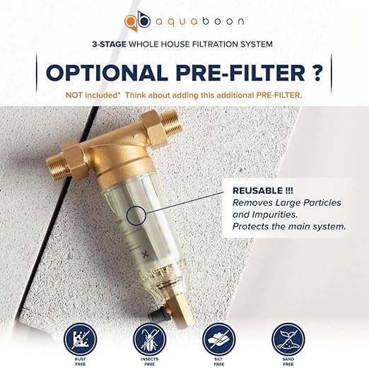 Aquaboon 3-Stage Whole House Water Filter System with 5 Micron 10x4.5 House Water Purification Reducing Sediment, Ganular Activated Carbon (GAC) and Carbon Chlorine Reduction Filter, Wrench, Bracket