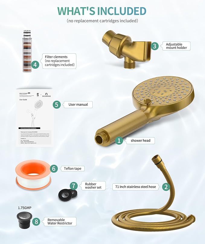 SR SUN RISE Filtered Shower Head with Handheld High Pressure 9 Spray Mode Showerhead Detachable Shower Head Water Softener Filters Beads for Hard Water Remove Chlorine 1 Filter Brushed Gold