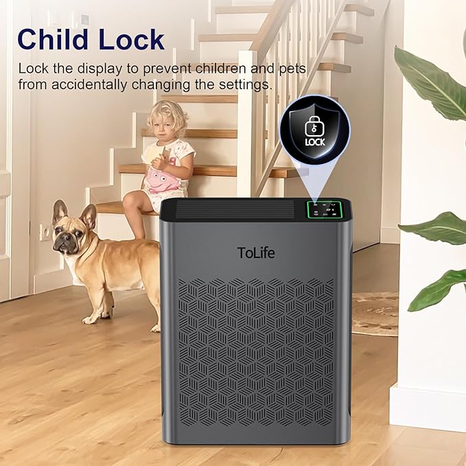 ToLife Air Purifiers for Home Large Room Up to 1295 Ft² with PM 2.8 Display Air Quality Sensor, Auto Mode, Timer, Air Purifier for Bedroom Filters Smoke, Pollen, Pet Dander, Allergies, Grey