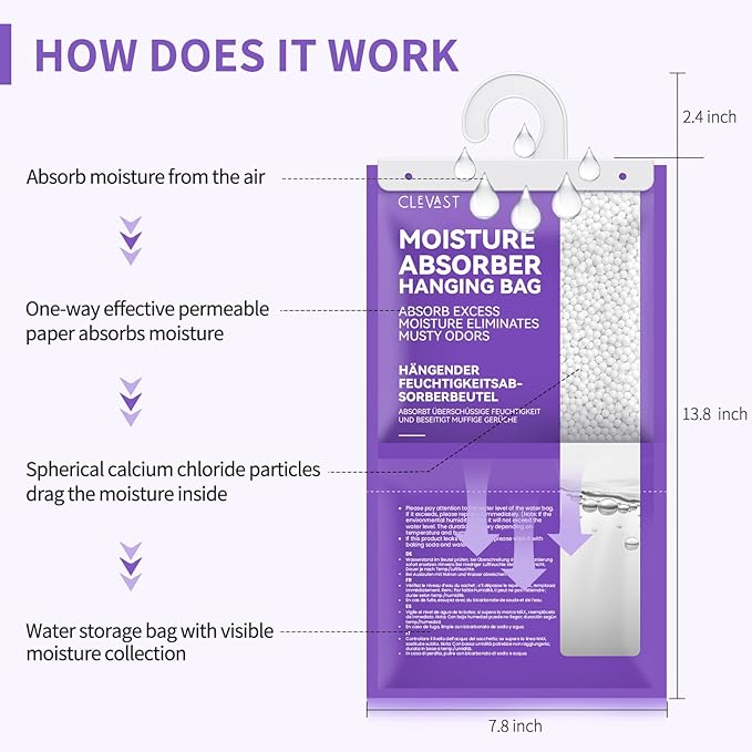 CLEVAST Moisture Absorbers Packets - 15.2 OZ, 6 Pack Large Dehumidifier Bags for Closet, Hanging Humidity Absorber in Wardrobes, Bedrooms, Bathrooms - Lavender Scented