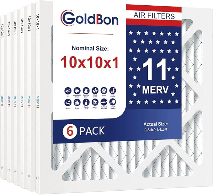10x10x1 Air Filter 6-Pack MERV 11 MPR 1000 FPR 7- GoldBon AC Filter USA Design- Electrostatic Pleated Air Conditioner HVAC AC Furnace Filters for Pollen, Smoke,Pet Dander