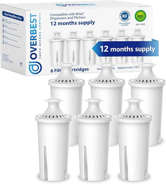 Overbest NSF Certified Pitcher Water Filter, Replacement for Brita® Pitchers and Dispensers, Brita® Classic 35557, OB03, Mavea® 107007, and More, Includes 6 Filters