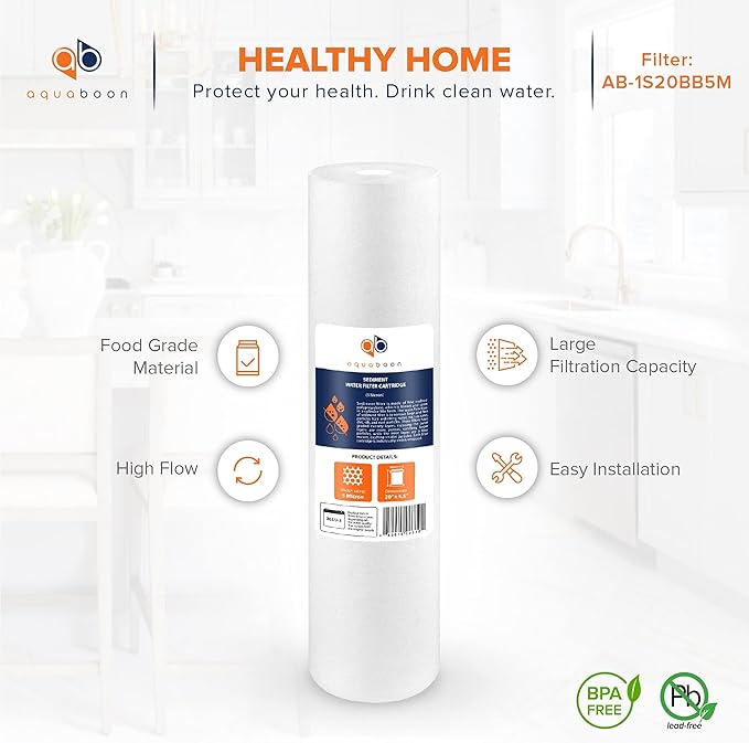 Aquaboon 5 Micron 20 x 4.5 Whole House Sediment Filter Cartridge 20 inch Water Filter Replacement Compatible with DGD-5005-20, FP25B, AP810-2, 6-Pack