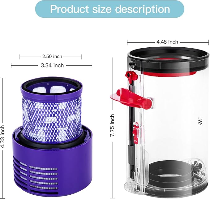 QINAN Upgraded Canister Replacement Parts Compatible With Dyson Cyclone V10 Animal,V10 Total Clean,V10 Absolute,V10 Animal,SV12 Vacuum Dust Bucket HEPA Filter attachments 969509-01, Blue/Grey