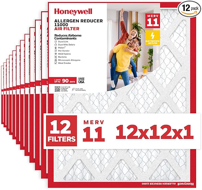 Honeywell 12x12x1 MERV 11 Allergen Reducer 11000 Electrostatic Pleated HVAC AC Furnace Air Filter (12-Pack) | Replacement Filter for Home Use | Made in USA