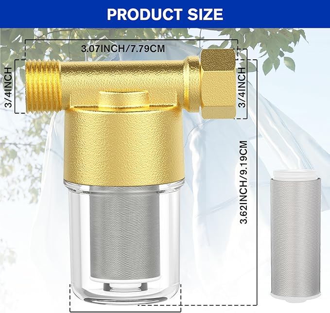 Pacify 40 Micron Reusable Brass Sediment Filter, Inline Washing Machine Water Filter System for Washer, Shower, Heater, Well Water, Garden, RV, Impede Scale