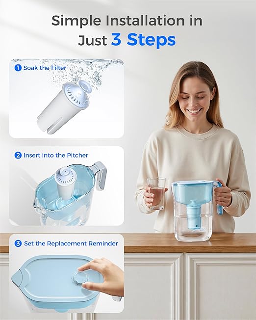 Waterdrop Alkaline Water Filter Pitcher with 3 Replacement Filters, Can Work with Brita® Water Pitchers & Filters, Smooth-Tasting Water, Increases PH, Reduces Chlorine, Up to 6 Months, 7-Cup, Blue
