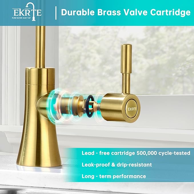 EKRTE Brushed Gold Water Filter Faucet, Water Filtration Faucet Brushed Gold Drinking Water Faucet for Kitchen Sink