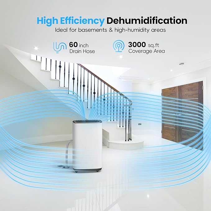 3000 Sq.Ft Dehumidifier, 30PT/24H Dehumidifiers with Drain Hose for Home, Large Compressor Dehumidifier for Basement/Laundry/Bedroom/Office, Dehu/Dry/Air Mode, Humidity Display/Timer/Child Lock