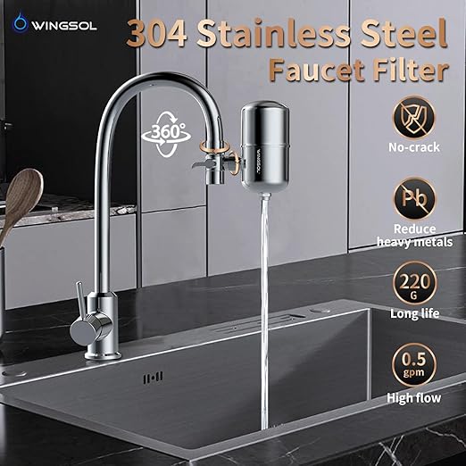 WINGSOL Stainless Steel Water Filter for Sink Faucet, NSF/ANSI 42&53, 360° Rotating Tap Purifier, Reduce Heavy Metals 99.6% Lead, Improve Taste, 220 Gallons Mineral pH+ Water, Reinforced Housing