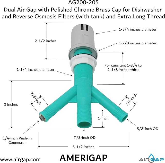 Dual Air Gap with Polished Chrome Brass Cap for Dishwasher and Reverse Osmosis Filters (with tank) and Extra Long Thread (AG200-205, AG200-X05, AMERIGAP)