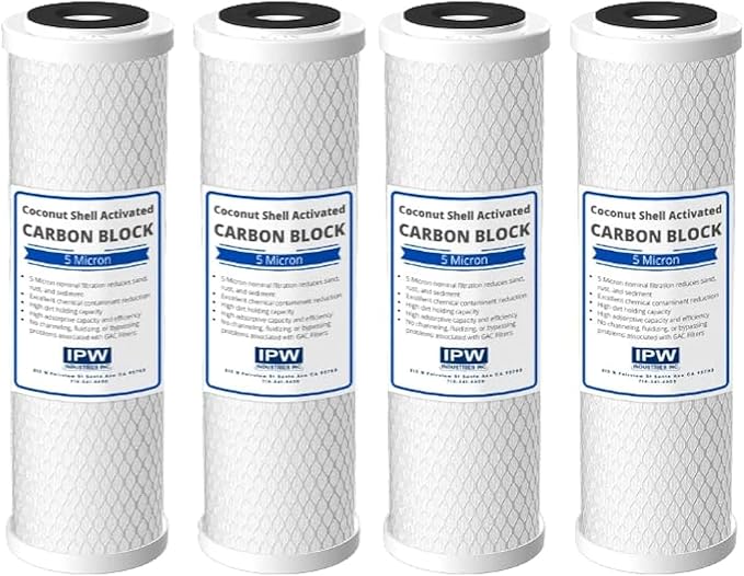 IPW Industries Inc. - Whole House Carbon Water Filter - 5 Micron CTO Replacement Cartridge, Chlorine Reduction & Sediment Removal - 10" x 2.5", 4-Pack