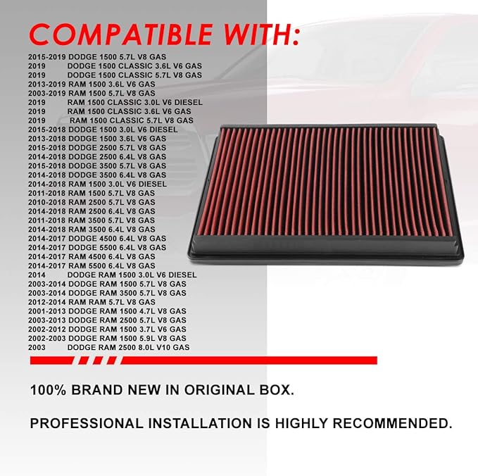 Auto Dynasty High Flow Engine Air Panel Filter Drop-in Reusable & Washable Compatible with Dodge Ram 1500 2500 3500 Pickup Classic 4500 5500 02-20 (Red)