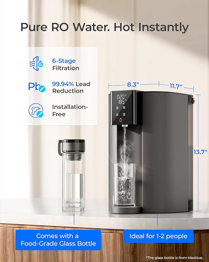 Waterdrop C1H Countertop Reverse Osmosis System, NSF/ANSI 58 & 372 Certified, 6 Stage Instant Hot RO Water Filter, No Installation Required, 3:1 Pure to Drain, Glass Bottle Included