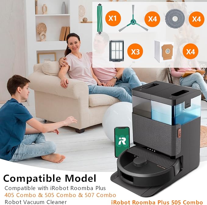 16 Replacement Part Accessories for iRobot Roomba Plus 505 Combo & 405 Combo & 507 Combo Vacuum Cleaner, 1 Roller Brushes 3 Hepa Filter 4 Dust Bags 4 Side Brush 4 Mop Pads 1 Cleaning Brush