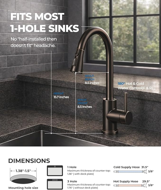 WEWE Kitchen Faucets with Pull Down Sprayer, Stainless Steel Single Handle 1 Hole for Family Kitchen Commercial Camper Laundry Rv Bar, Oil Rubbed Bronze