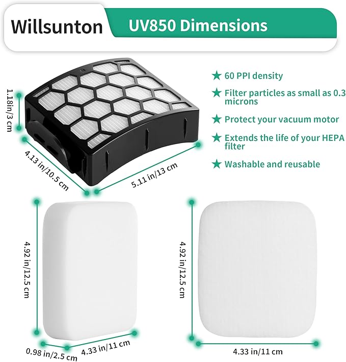 UV900 UV850 Filters Replacement for Shark UV850 UV900 LA490 LA492 Rotator Lift-Away ADV DuoClean PowerFins Upright Vacuum, Compare to Part #XHF320 & XFFK602UKT, 1 HEPA Filter and 2 Foam & Felt Filters