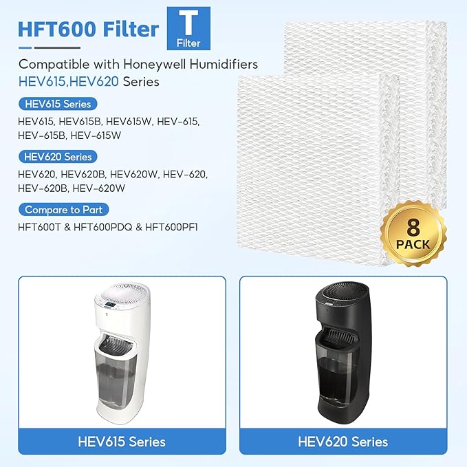 8-Pack HFT600 Humidifier Replacement Wicking Filter T for Honeywell Hev615 Hev620 Humidifier, Compatible with Honeywell HFT600 Humidifier Filter T, Replace Part# HFT600T HFT600PDQ