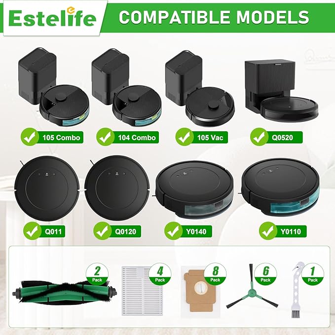 Y0140 Replacement Parts Accessories Compatible with iRobot Roomba 104/105 Combo, Y0110, Y0112, Roomba Essential Vac 2 Q0520, Q0120, 2 Roller Brush, 6 Hepa Filters, 8 Side Brush, 1 Cleaning Brushes