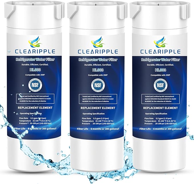 XWF (Not XWFE, NO Chips) Refrigerator Water Filter 3 Pack, Compatible with GE XWF, GBE21, GDE21, GDE25, GFE24, NSF Certified, 6-Month/300-Gallon Capacity, Lead & Chlorine Reduction