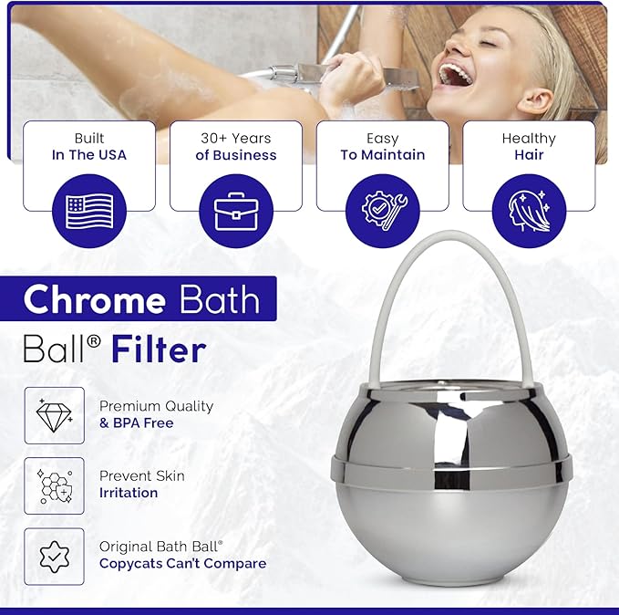 Crystal Quest Premium Bath Ball Water Filter for Bathtub - 3-Stage Filtration, Removes Chlorine, Chloramine & Byproducts, 2,500 Gallons, BPA Free, pH Balanced Water, Fits Most Tubs, Chrome