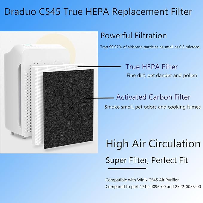 C545 True HEPA Replacement Filter Compatible with Winix C545, B151, P150, 9300 Air Purifier Replacement, Part 1712-0096-00 and 2522-0058-00, 1 HEPA Filter + 4 Activated Carbon Filters
