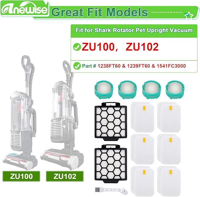 ZU102 Filter Replacement Parts for Shark ZU100 ZU102 Rotator Pet Upright Vacuum, 2 HEPA +6 Foam & Felt Filters +4 Odor Neutralizer Cartridge, Parts # 1238FT60 & 1239FT60 & 1541FC3000